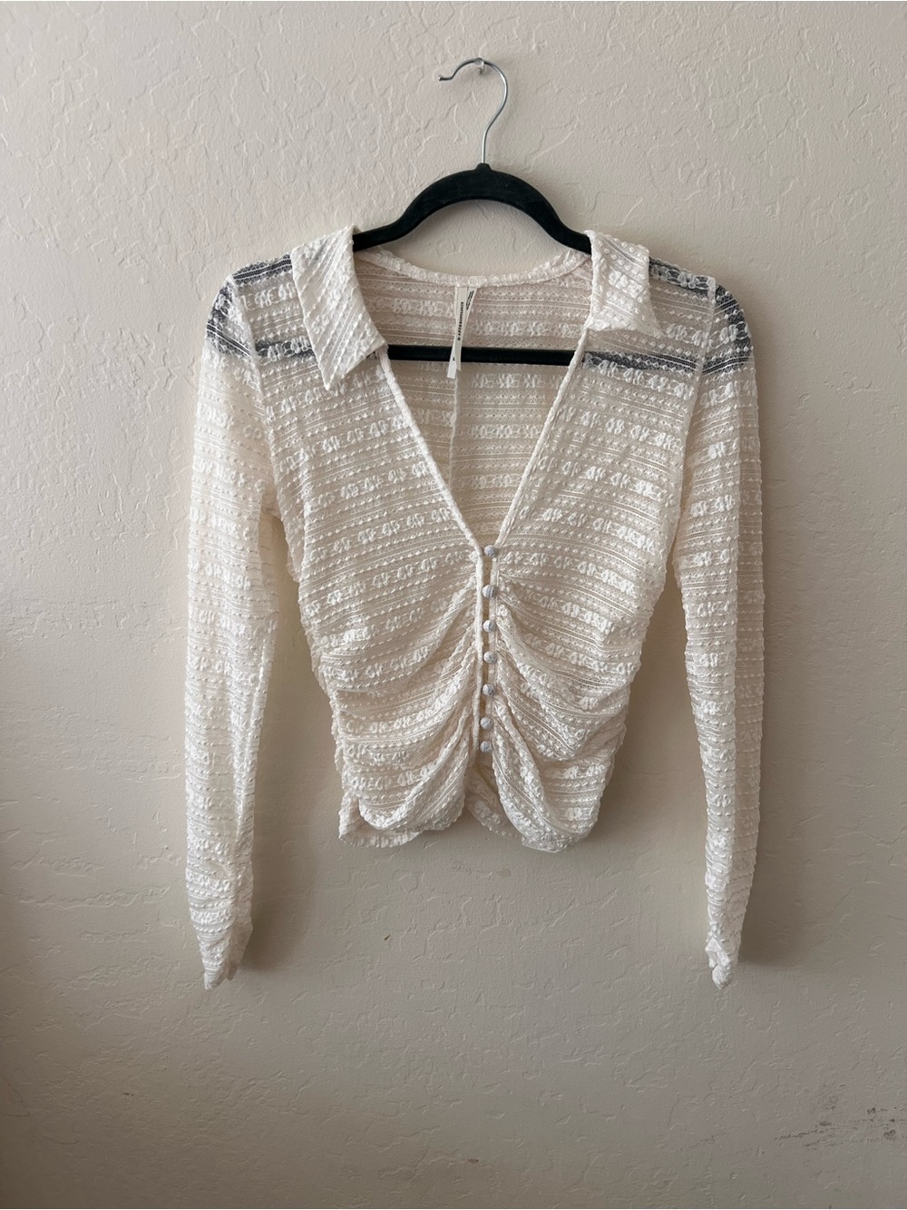 Anthropologie Cream Button-Front Ruched Long Sleeve Top